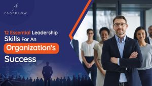 Business leader standing with team, promoting leadership skills for organizational success