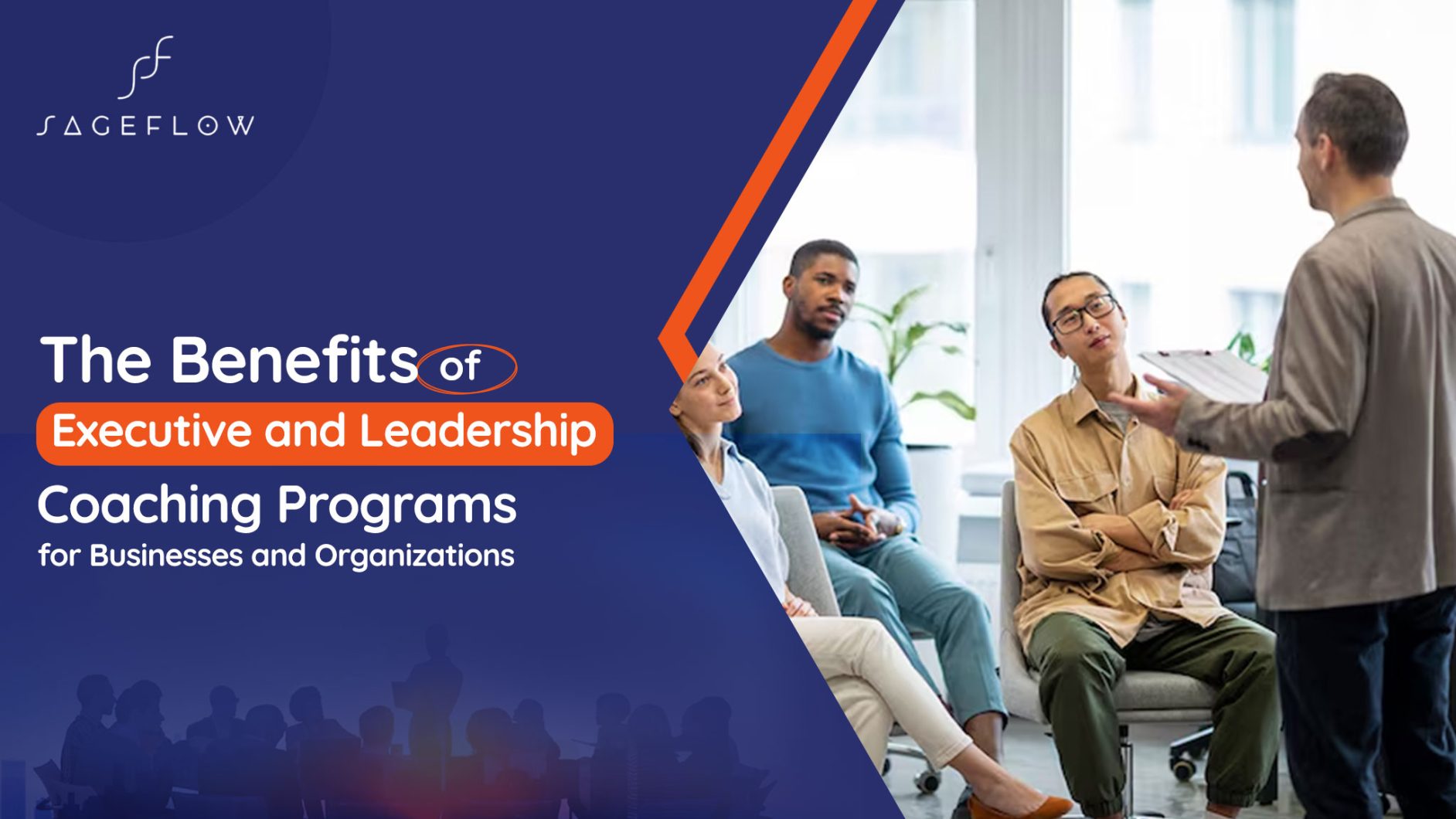 Business coach presenting to diverse team during executive leadership coaching session in modern office setting