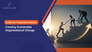 Diverse business professionals building giant puzzle steps together for cultural transformation in the organisation
