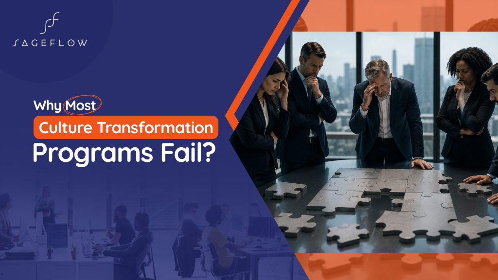 Stressed executives around a table with a jigsaw puzzle on it, thinking about why most culture transformation programs fail in their organization.